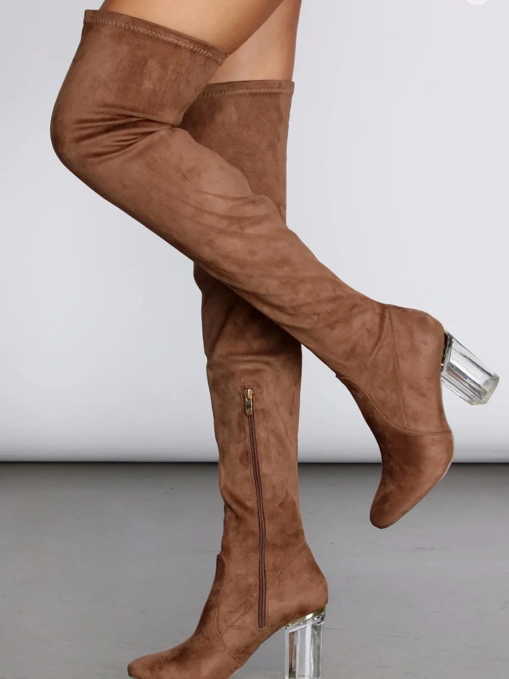Windsor Women's Over-the-Knee Suede Boots in Tan with Clear Block Heel